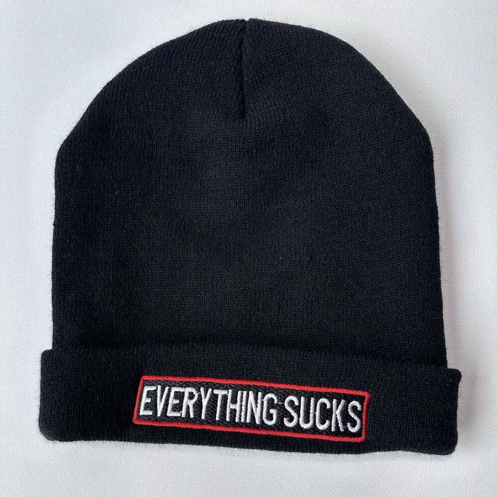 Everything Sucks Black Beanie Hat Embroidered Cuffed Grunge Emo Streetwear